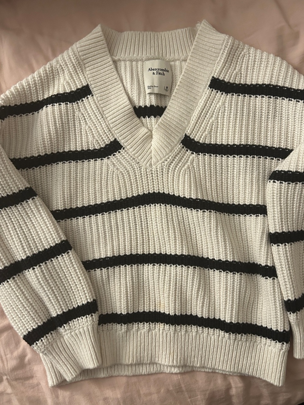 Abercrombie & Fitch Cream V-Neck Sweater with Black Stripes